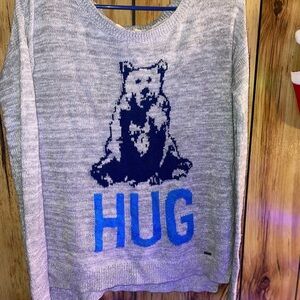 Hollister Heather Gray Knit Bear Hug Sweater with Navy Accents Size XS